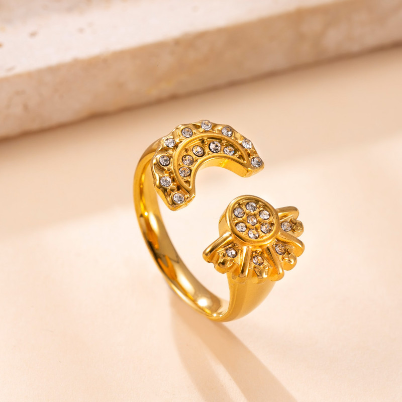 Cross-Border Hot-Selling Titanium Steel Ring for Women Double Heart Diamond-Studded Open Ring Fashionable Versatile 18K Gold Plated Stainless Steel Jewelry