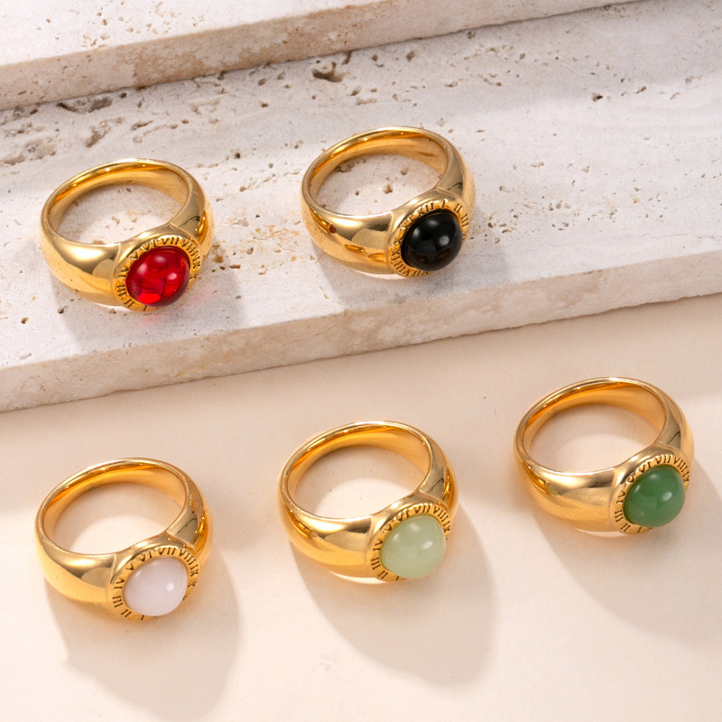 Cross-Border New Stainless Steel Casting Jewelry Roman Numeral Inlaid Natural Stone Ring Light Luxury 18K Gold Plated Export Jewelry
