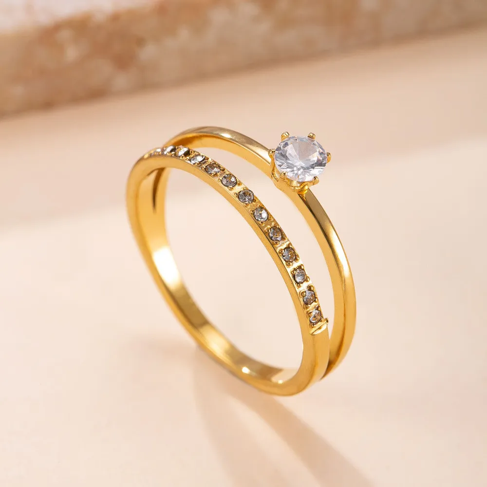 Cross-Border Hot-Selling Titanium Steel Jewelry Korean Fashion Couple Rings Double-Layer Hollow Inlaid Diamond Stainless Steel Rings Wholesale Factory