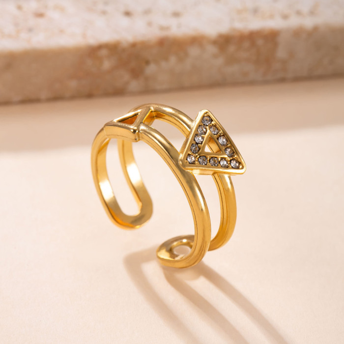 Cross-Border Hot-Selling Stainless Steel Ring Casting Hollow Triangle Inlaid Diamond Ring Fashion Commuting Titanium Steel Jewelry Wholesale