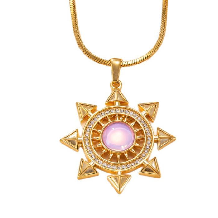 Single Pendant Hot-Selling Stainless Steel Jewelry Retro Light Luxury 18K Gold Plated Cast Sun Stone-Inlaid Necklac...