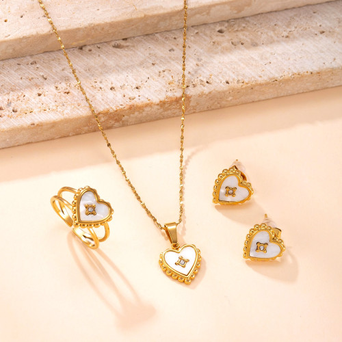 Cross-Border Hot-Selling Stainless Steel Ring Heart White Shell Inlaid Diamond Necklace Korean Fashion Gold-Plated Titanium Steel Jewelry Set Factory