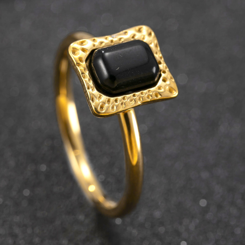 Cross-Border New Stainless Steel Ring Welding Brand Square Natural Stone Couple Rings Simple 18K Gold Plated Titanium Steel Jewelry