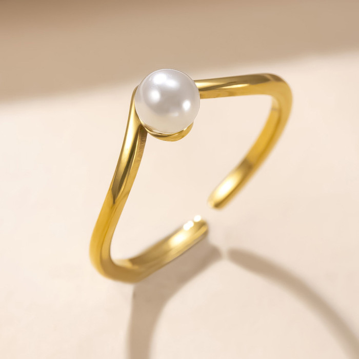 Cross-Border New Stainless Steel Ring for Women, Minimalist V-Shaped Pearl Open Ring, Niche Design Index Finger Ring Jewelry