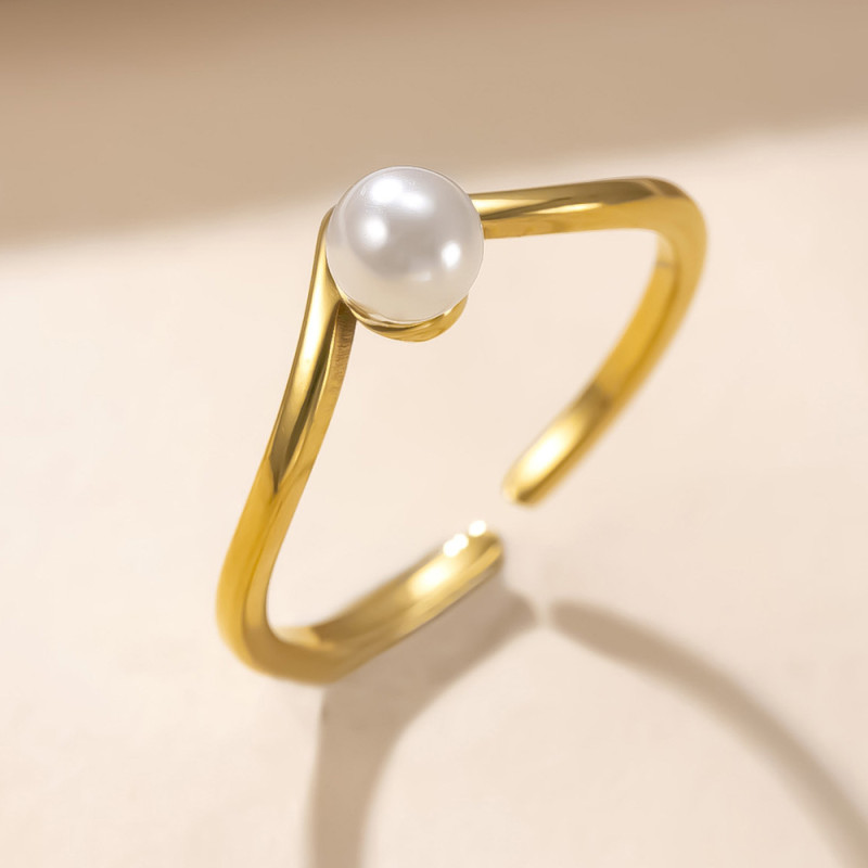 Cross-Border New Stainless Steel Ring for Women, Minimalist V-Shaped Pearl Open Ring, Niche Design Index Finger Ring Jewelry