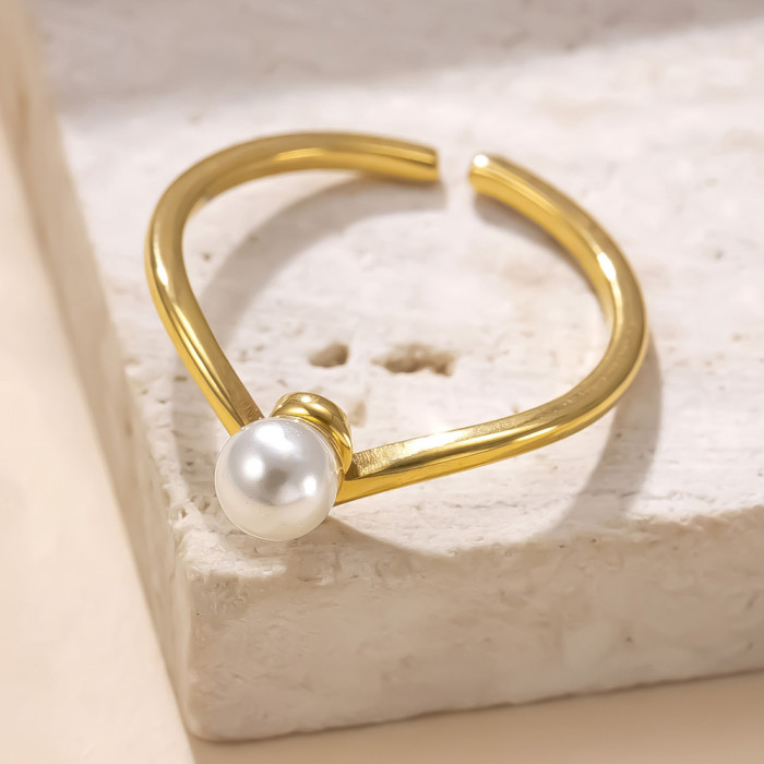 Cross-Border New Stainless Steel Ring for Women, Minimalist V-Shaped Pearl Open Ring, Niche Design Index Finger Ring Jewelry