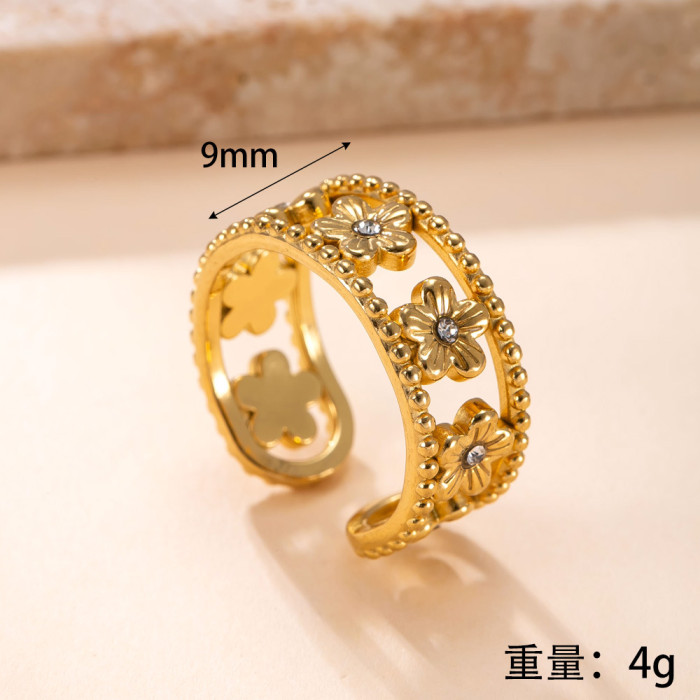 Stainless Steel Ring Casting Hollow Flower Micro Stone-Inlaid Ring Vintage Plated 18K Gold Titanium Steel Jewelry