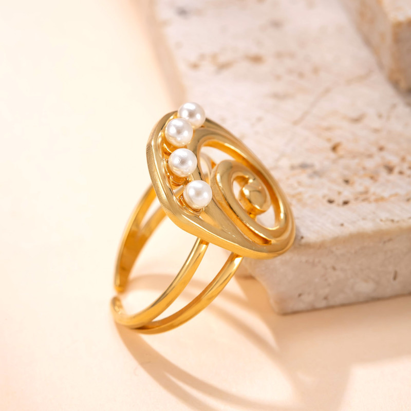 Cross-Border New Stainless Steel Ring Retro High-End Titanium Steel Ring Hydraulic Hollow Inlaid Pearl Open Ring