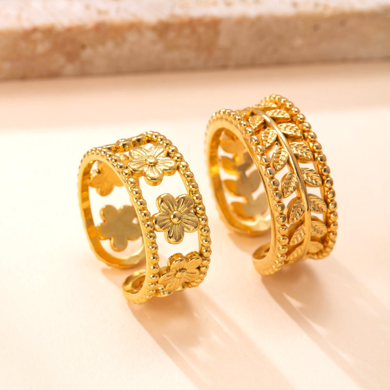 Cross-Border Casting Stainless Steel Ring Hollow Flower Leaf Open Ring Personalized Design Titanium Steel Jewelry Manufacturer