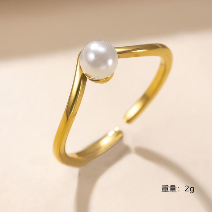 Cross-Border New Stainless Steel Ring for Women, Minimalist V-Shaped Pearl Open Ring, Niche Design Index Finger Ring Jewelry