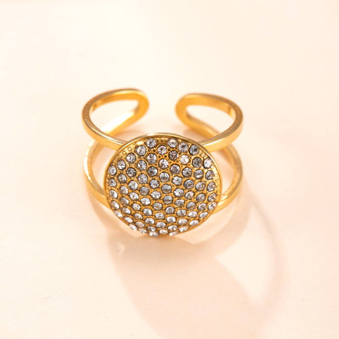 Cross-Border Hot-Selling Stainless Steel Jewelry Welding Plate Round Full Diamond Open Ring Fashion Titanium Steel Non-Fading Ring Factory