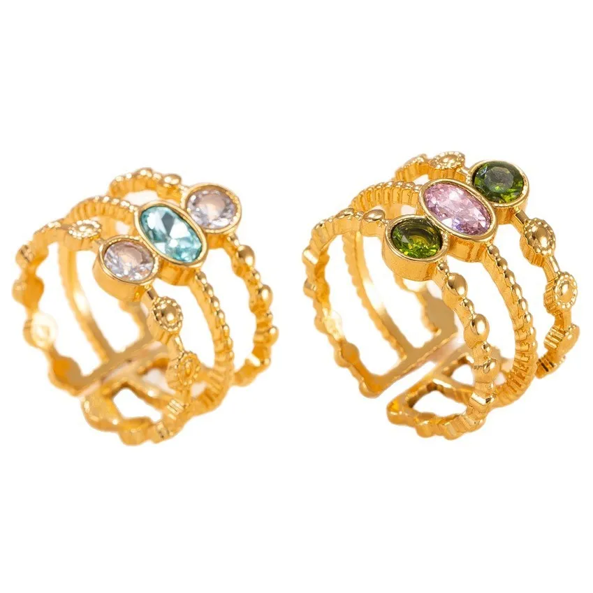 Cross-Border Hot-Selling Stainless Steel Ring Three-Line Hollow Inlaid Oval Colored Diamond Ring Niche High-End Titanium Steel Hand Jewelry