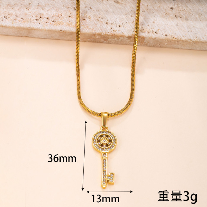 Single Pendant Cross-Border Stainless Steel Necklace Creative Design Casting Key Inlaid with Diamonds Titanium Steel Jewelry Accessories