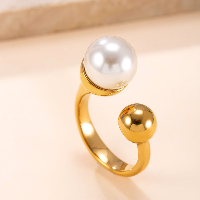 Hot-Selling Titanium Steel Jewelry French Retro High-End Feel Ring Pearl Round Ball Open Stainless Steel Ring Wholesale