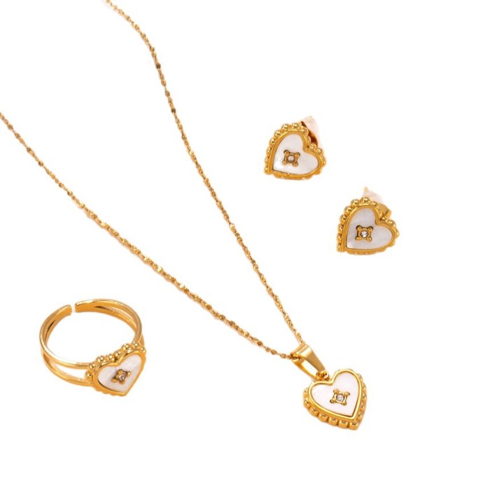 Cross-Border Hot-Selling Stainless Steel Ring Heart White Shell Inlaid Diamond Necklace Korean Fashion Gold-Plated Titanium Steel Jewelry Set Factory