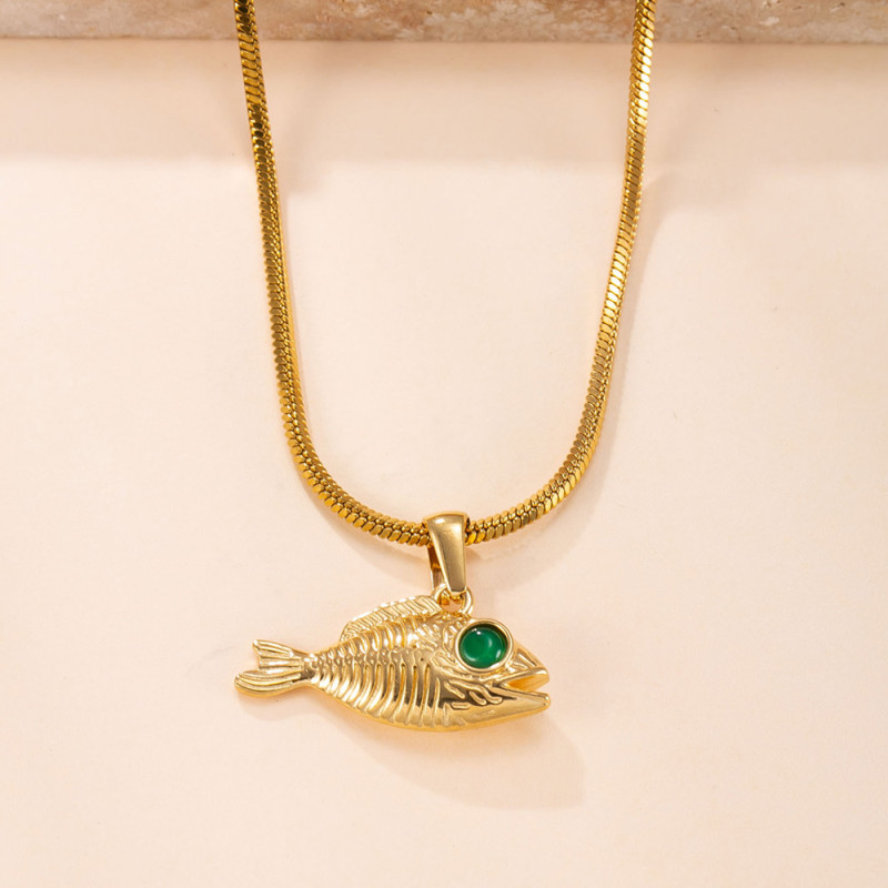 Single Pendant Cross-Border Stainless Steel Casting Fish Shape Inlaid Cat's Eye Necklace Personality Fashion Titanium Steel DIY Accessories Wholesale