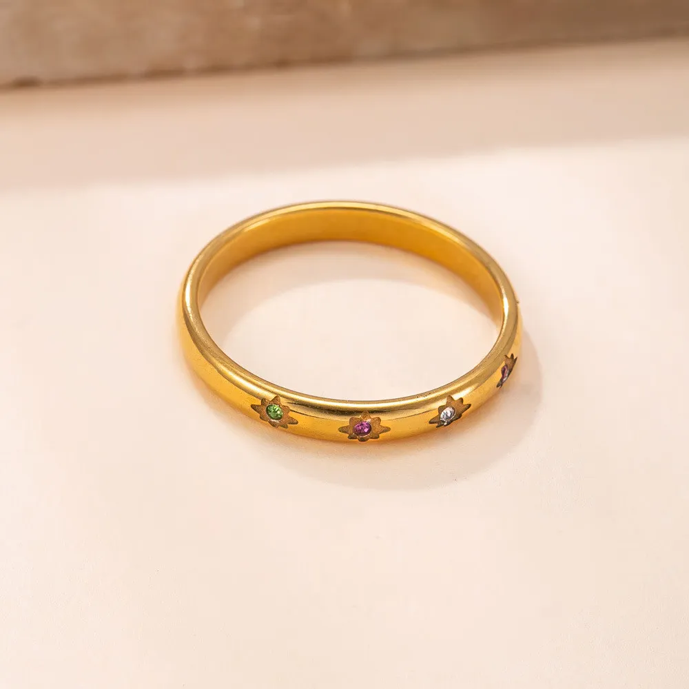 Cross-Border Exclusive Stainless Steel Ring 3mm Colored Diamond Star Plain Band Ring Korean Fashion 18k Gold Plated Titanium Steel Jewelry