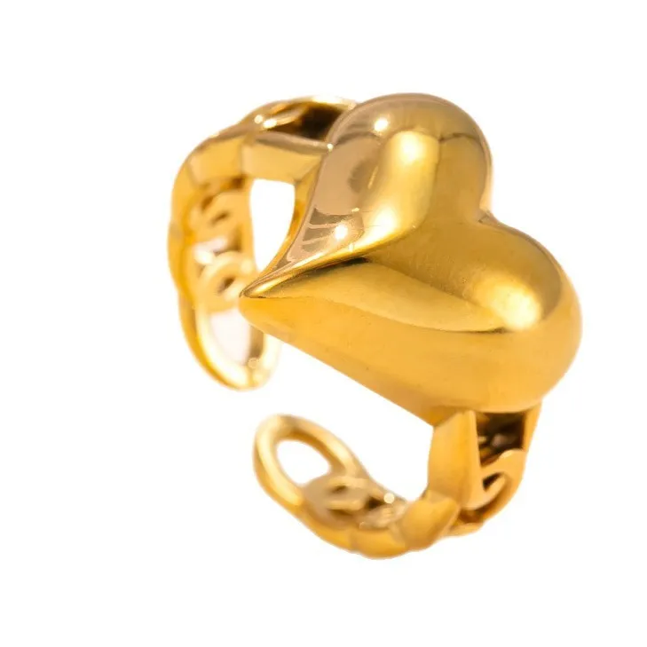 Cross-Border New Stainless Steel Ring Casting Heart Chain Index Finger Ring for Women Light Luxury High-End Titanium Steel Jewelry Factory