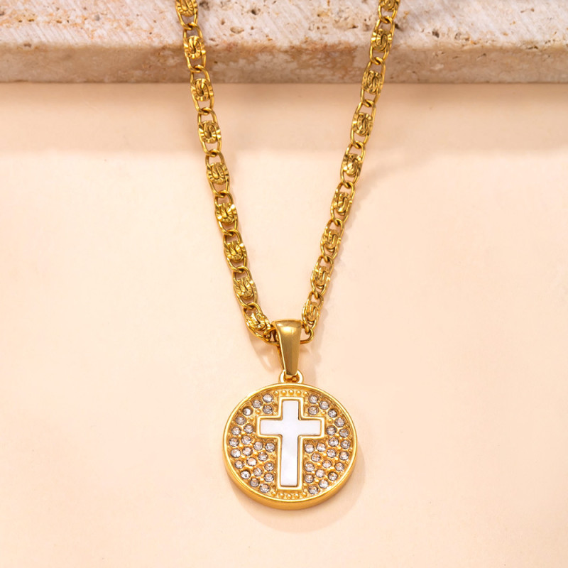 Single Pendant Cross-Border Casting Stainless Steel Necklace High-End Round Diamond-Studded Cross Titanium Steel DIY Jewelry Accessories