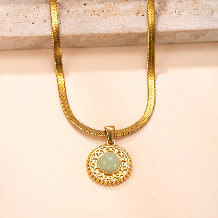 Single Pendant Stainless Steel Casting Jewelry Vintage Palace Style Necklace Accessories Round Natural Stone DIY Acce...