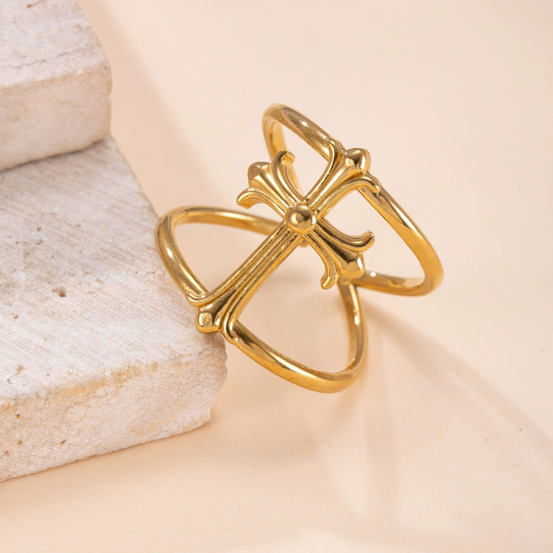 Amazon Cross-Border Stainless Steel Ring Casting Hollow Cross Index Finger Ring Punk Hip-Hop Titanium Steel Jewelry Factory