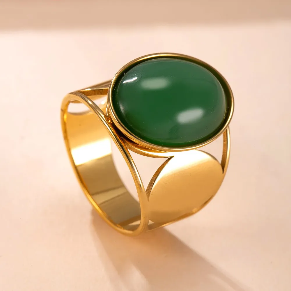 Cross-Border Amazon Titanium Steel Jewelry Hydraulic Oval Natural Stone Ring Vintage Style 18K Gold Plated Stainless Steel Ring