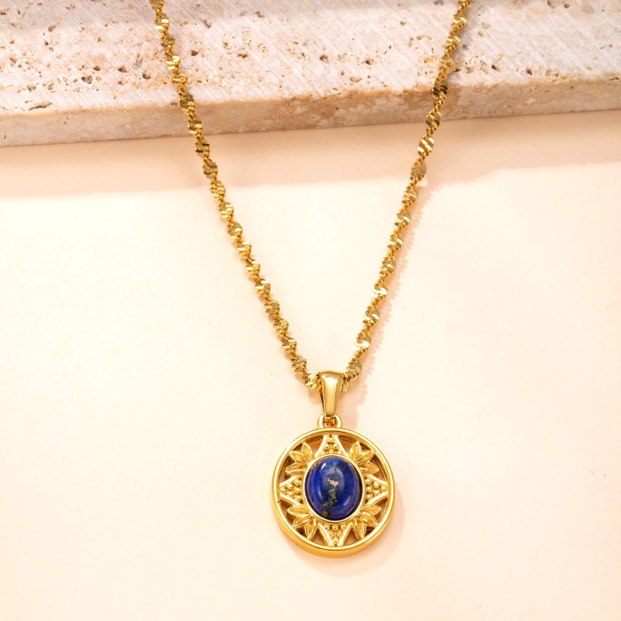 Single Pendant Stainless Steel Casting Jewelry Oval Natural Stone Necklace Light Luxury Retro DIY Jewelry Accessories...
