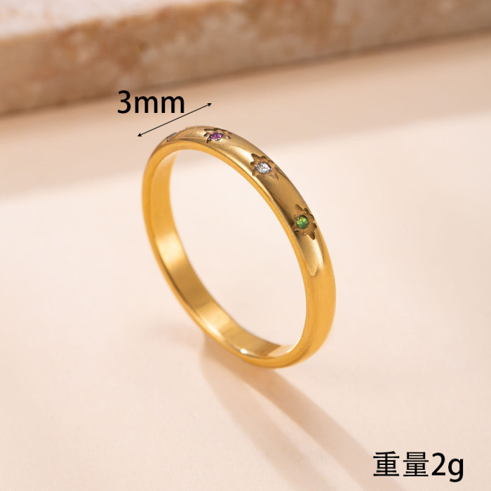 Cross-Border Exclusive Stainless Steel Ring 3mm Colored Diamond Star Plain Band Ring Korean Fashion 18k Gold Plated Titanium Steel Jewelry