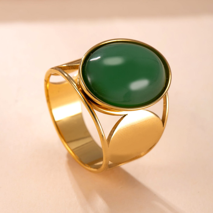 Cross-Border Amazon Titanium Steel Jewelry Hydraulic Oval Natural Stone Ring Vintage Style 18K Gold Plated Stainless Steel Ring