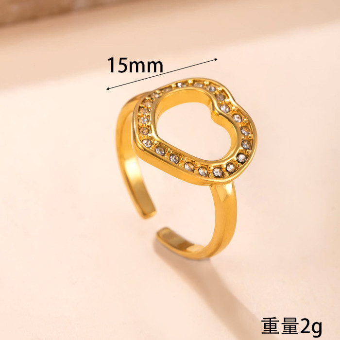 New Stainless Steel Ring Heart Hollow Stone-Inlaid Open Ring for Women Non-Fading Design Titanium Steel Jewelry