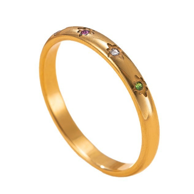 Cross-Border Exclusive Stainless Steel Ring 3mm Colored Diamond Star Plain Band Ring Korean Fashion 18k Gold Plated Titanium Steel Jewelry