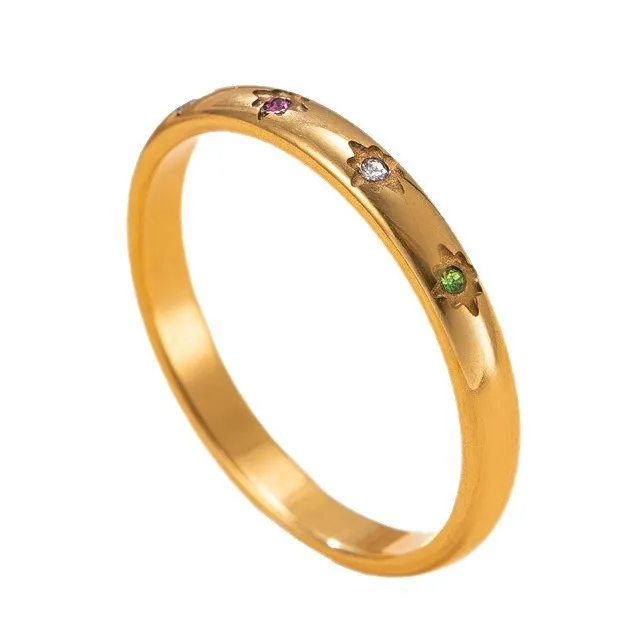 Cross-Border Exclusive Stainless Steel Ring 3mm Colored Diamond Star Plain Band Ring Korean Fashion 18k Gold Plated Titanium Steel Jewelry
