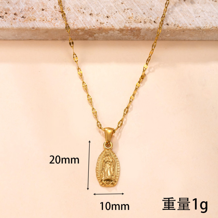 Single Pendant Hot-Selling Stainless Steel Necklace Light Luxury Retro Cast Virgin Mary Round Pendant Inlaid with Dia...