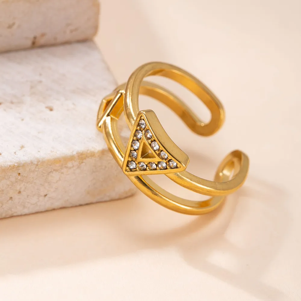 Cross-Border Hot-Selling Stainless Steel Ring Casting Hollow Triangle Inlaid Diamond Ring Fashion Commuting Titanium Steel Jewelry Wholesale