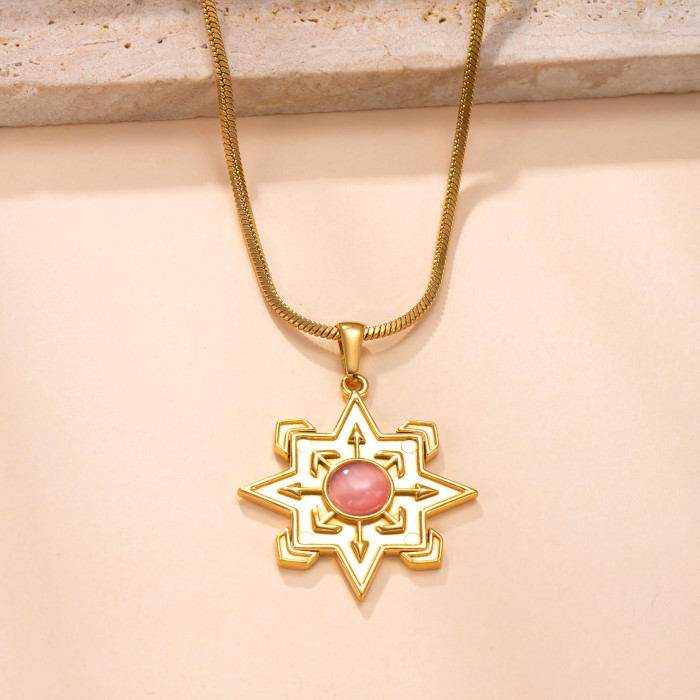 Single Pendant Casting Stainless Steel Jewelry Retro Design Eight-Pointed Star Inlaid Cat's Eye Necklace Accessories...