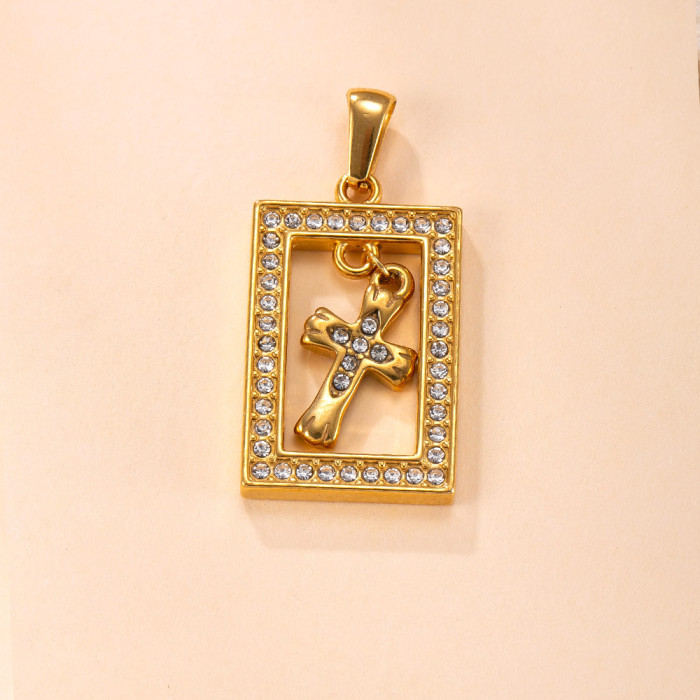 Single Pendant Cross-Border Titanium Steel Necklace Casting Square Inlaid Diamond Pendant Sweater Chain Light Luxury High-End Titanium Steel Jewelry Factory
