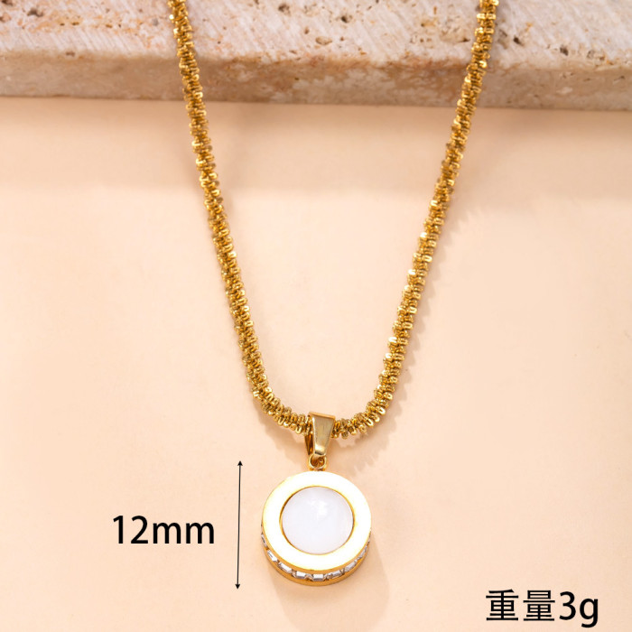 Single Pendant Cross-Border Stainless Steel Jewelry Light Luxury Round Roman Numeral Double-Sided Shell Inlaid Diamond Titanium Steel Necklace Accessories Factory