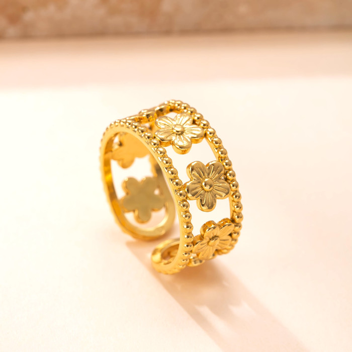 Casting Stainless Steel Ring Hollow Flower Leaf Open Ring Personalized Design Titanium Steel Jewelry Manufacturer