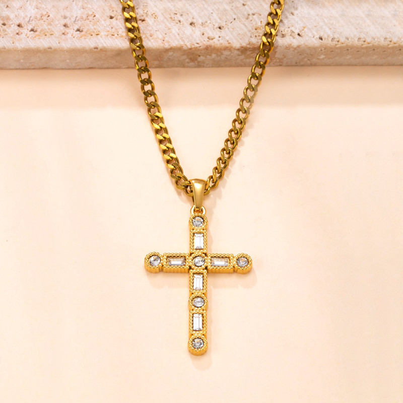 Single Pendant Cross-Border Stainless Steel Necklace Light Luxury High-Grade Square Plate Diamond-Embedded Cross Titanium Steel Ornament Accessories Wholesale