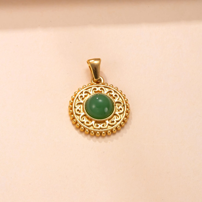 Single Pendant Stainless Steel Casting Jewelry Vintage Palace Style Necklace Accessories Round Natural Stone DIY Acce...