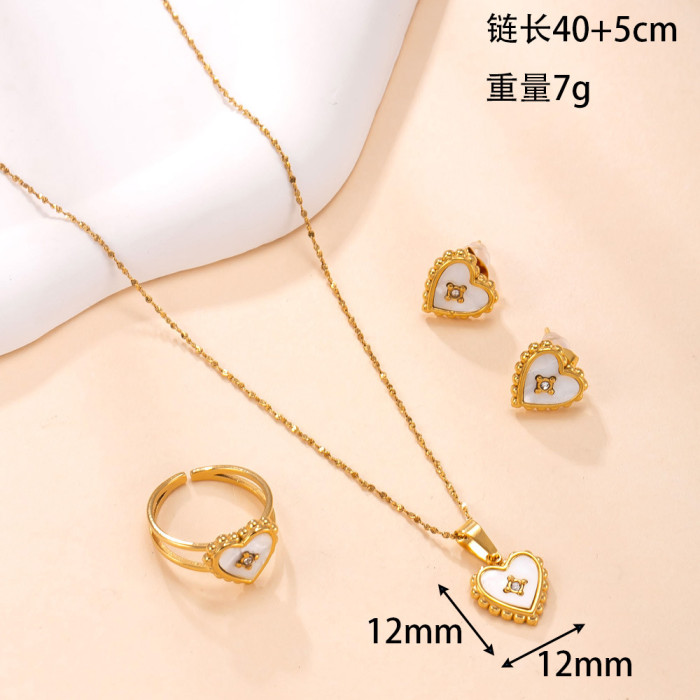 Cross-Border Hot-Selling Stainless Steel Ring Heart White Shell Inlaid Diamond Necklace Korean Fashion Gold-Plated Titanium Steel Jewelry Set Factory