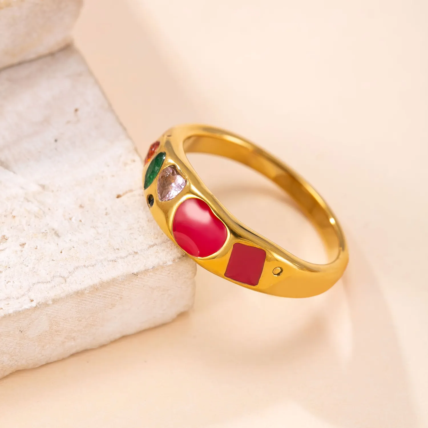 Cross-Border New Stainless Steel Ring Casting Inlaid with Colored Diamonds Oil Drop Ring for Women Fashionable Design Titanium Steel Jewelry Manufacturer