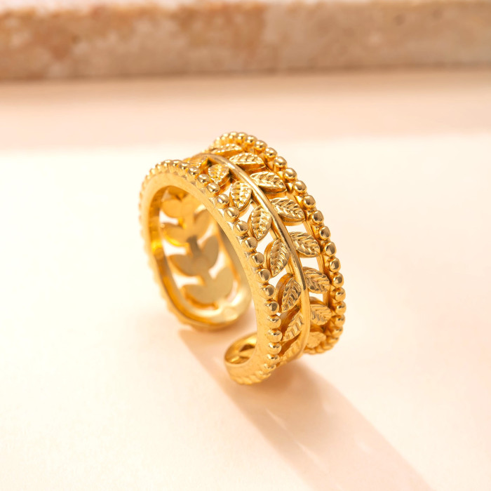Casting Stainless Steel Ring Hollow Flower Leaf Open Ring Personalized Design Titanium Steel Jewelry Manufacturer