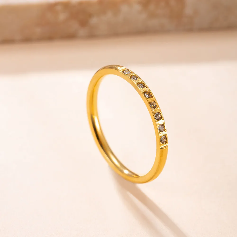 Cross-Border Stainless Steel Ring for Women, Non-Fading, Simple Stackable Ring, 2mm Plain Band, Micro Pave Diamond, Titanium Steel Jewelry Manufacturer