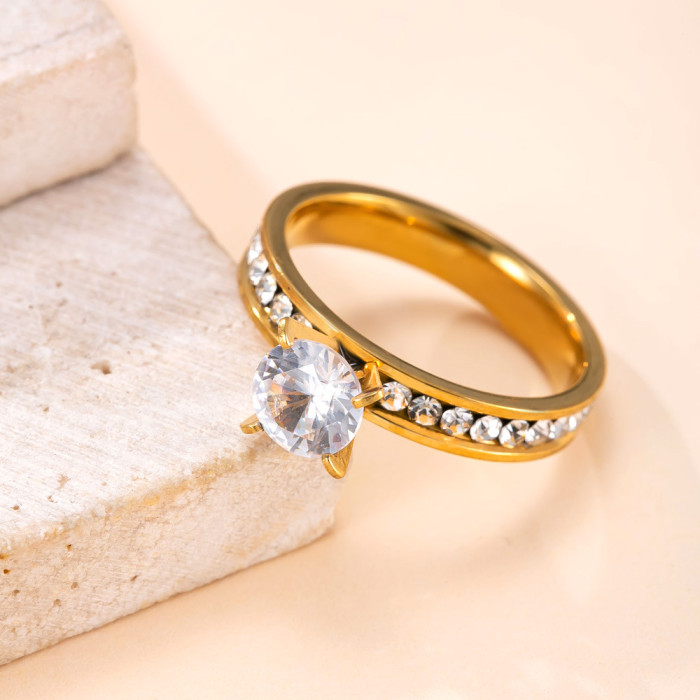 Cross-Border Hot-Selling Stainless Steel Ring 4mm Single Circle Diamond Four-Prong Diamond Stacking Ring Fashionable High-End Titanium Steel Jewelry