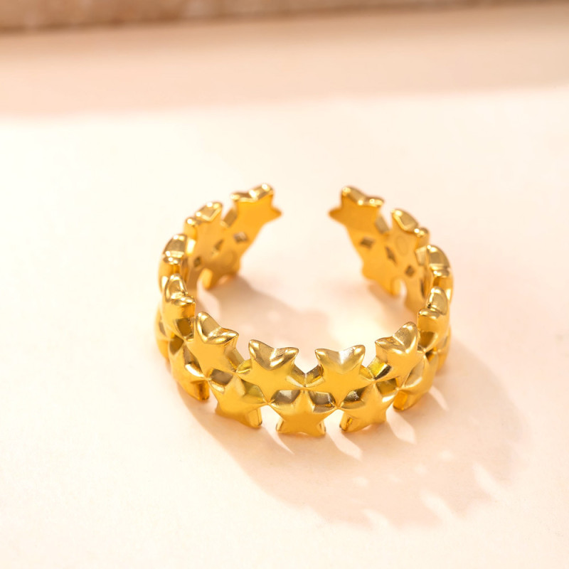 Cross-Border Hot-Selling Titanium Steel Jewelry Fashion Niche Design Open Ring Casting Double Row Star Stainless Steel Ring Factory