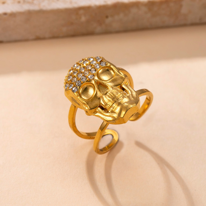 Hot-Selling Stainless Steel Ring Hydraulic Stone-Inlaid Skull Open Ring Street Retro Plated 18K Gold Ring