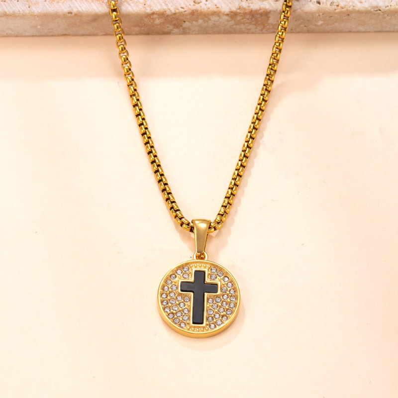 Single Pendant Cross-Border Casting Stainless Steel Necklace High-End Round Diamond-Studded Cross Titanium Steel DIY Jewelry Accessories