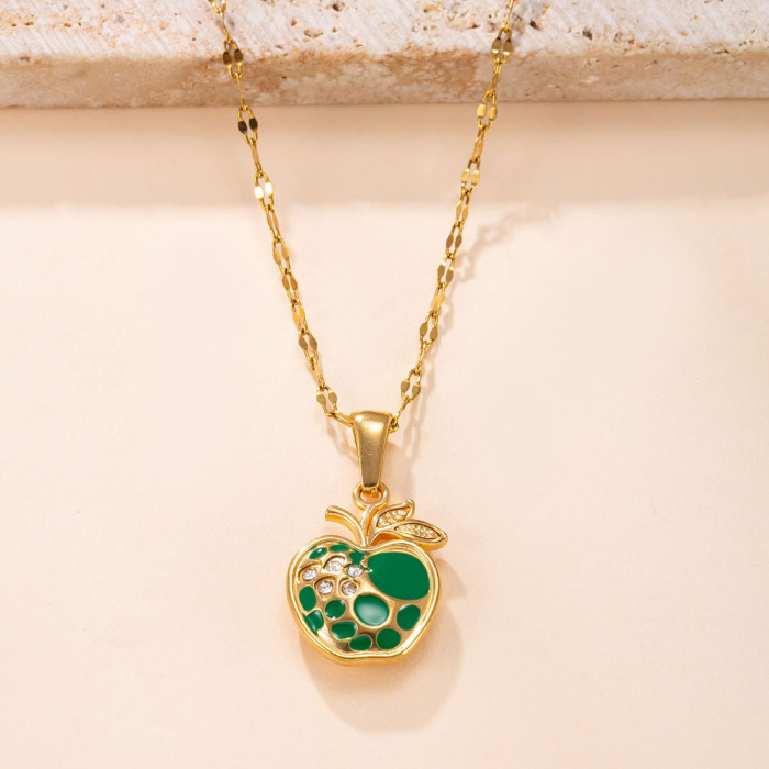 Single Pendant Casting Apple Drop Colorful Oil Stone-Inlaid Stainless Steel Necklace Accessories Fashion DIY Jewelr...