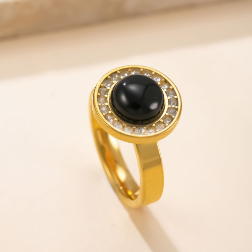 Cross-Border Stainless Steel Jewelry Vintage Vacuum Electroplated 18k Gold Ring Welding Brand Round Natural Stone Titanium Steel Ring Factory